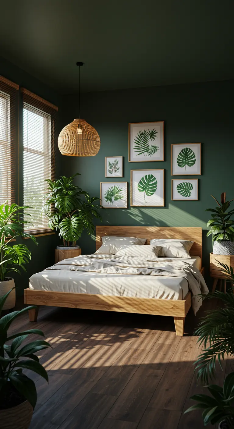 Habitación con pared verde oscuro, cama de madera clara y una galería de cuadros botánicos.