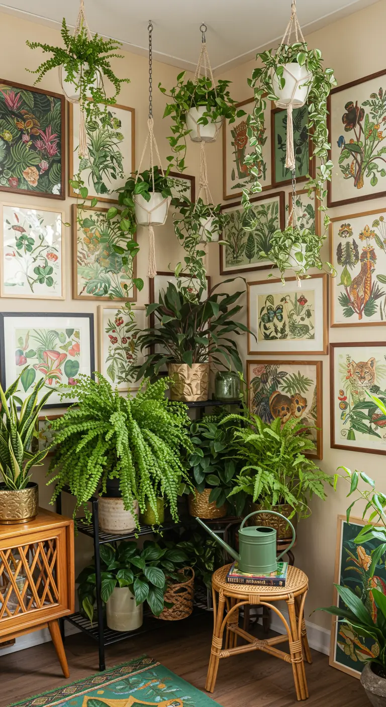 Rincón lleno de plantas colgantes y en macetas, con una pared galería de ilustraciones botánicas