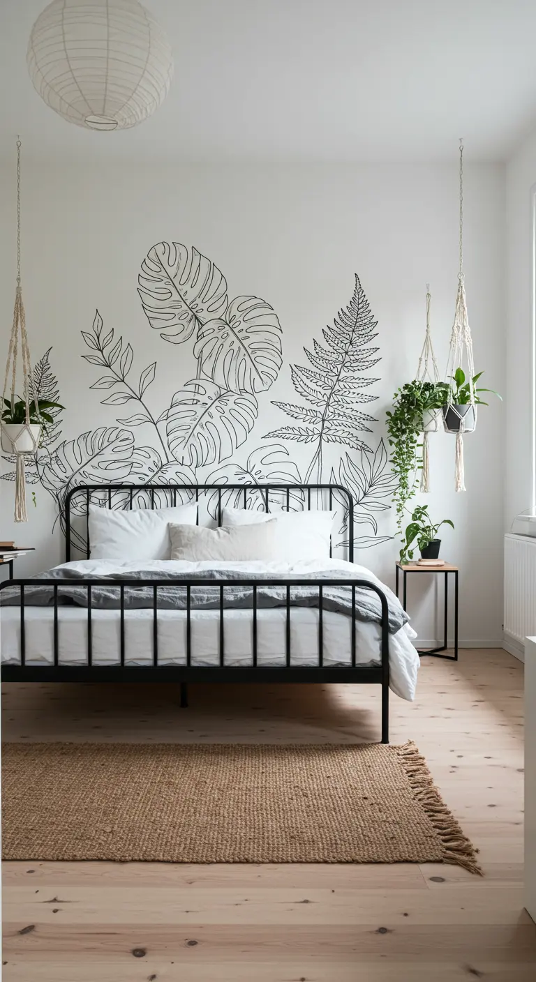 Mural de hojas tropicales dibujadas con línea negra sobre pared blanca, con plantas colgantes.