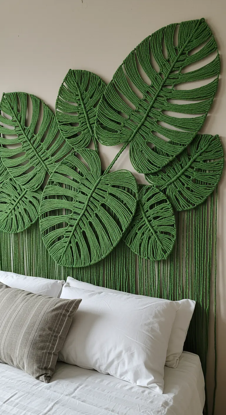 Composición de varias hojas de Monstera hechas en macramé verde que forman un cabecero.