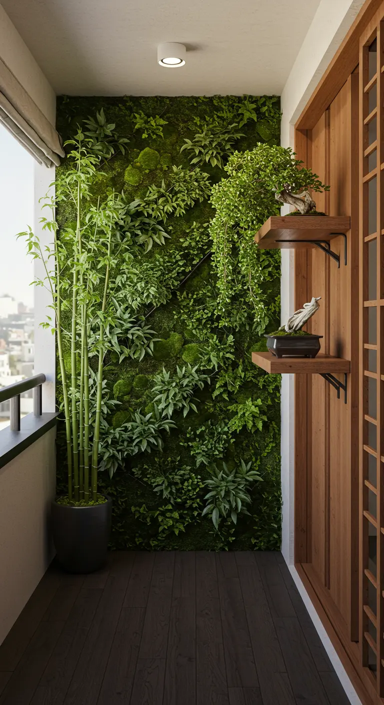 Balcón con una pared de jardín vertical, una planta de bambú alta y estantes de madera.