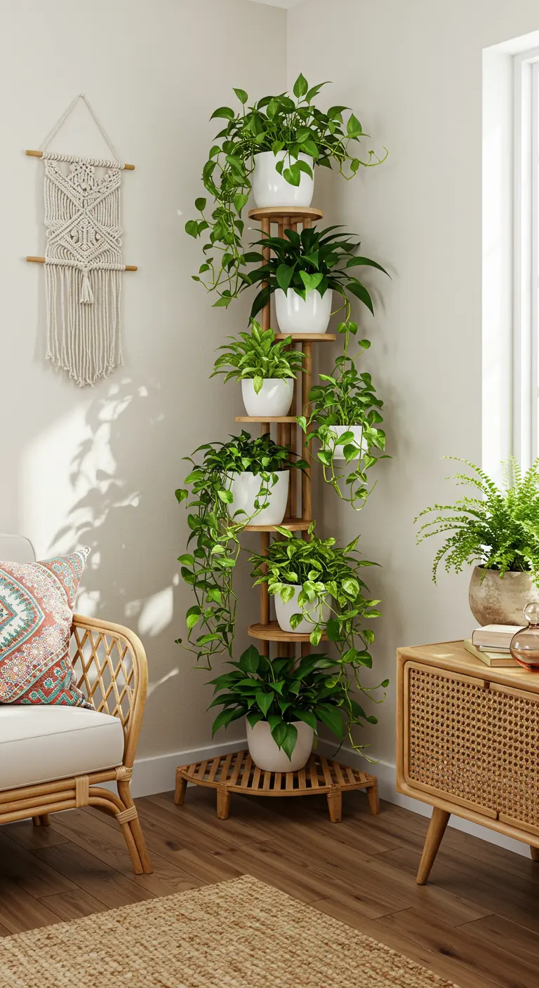 Soporte esquinero de madera con varios niveles lleno de plantas de interior verdes y frondosas.