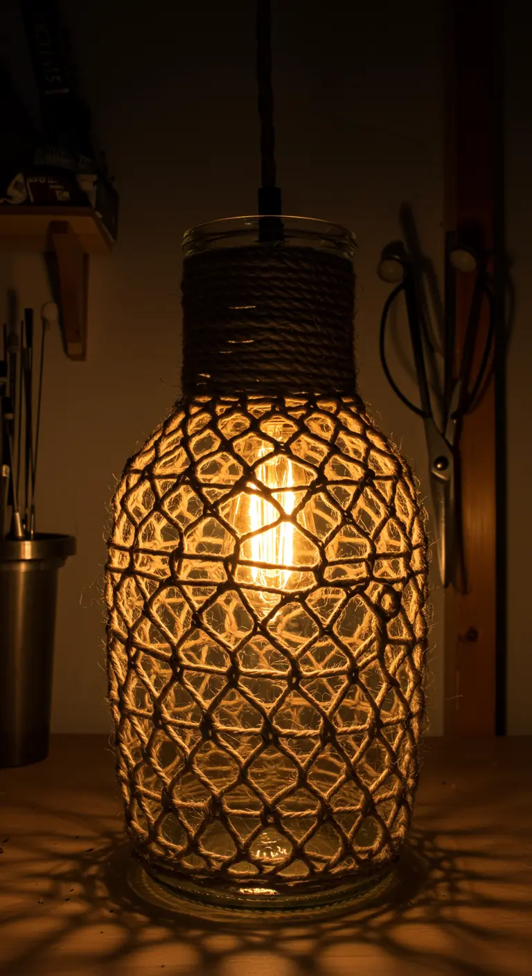 Lámpara colgante hecha con un frasco de vidrio cubierto por una red de macramé de yute.