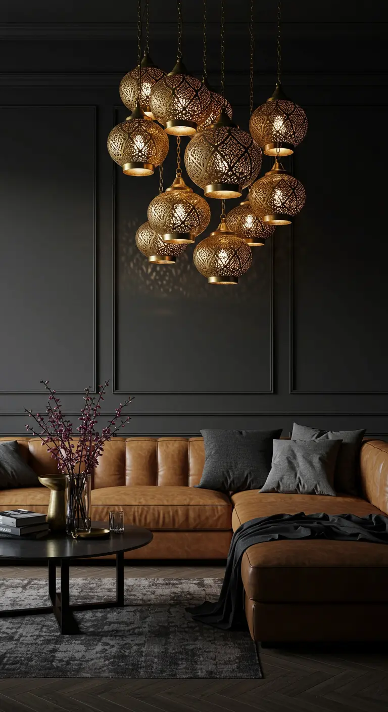 Salón oscuro con sofá de cuero y un espectacular racimo de lámparas doradas de estilo árabe