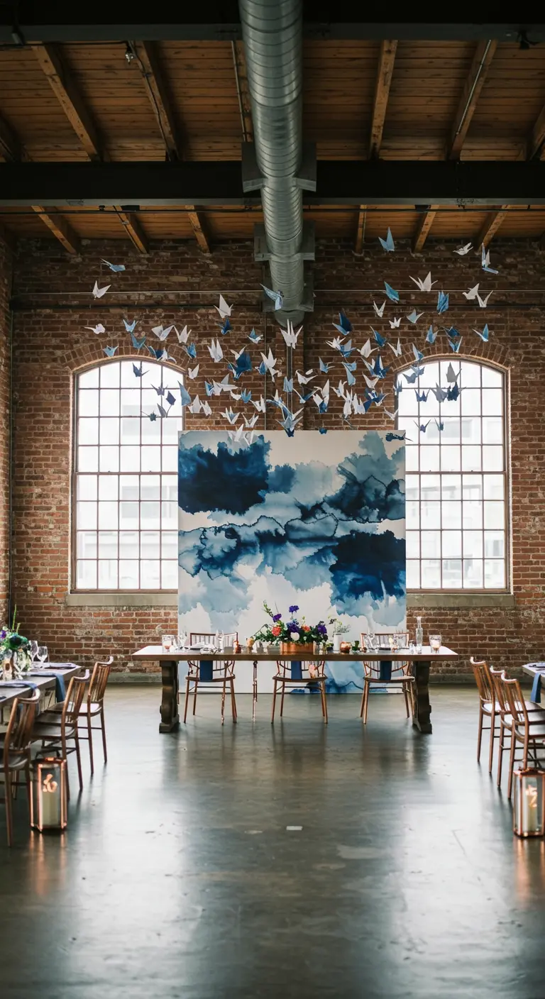 Salón industrial con un gran cuadro de acuarela azul y grullas de papel colgando del techo.