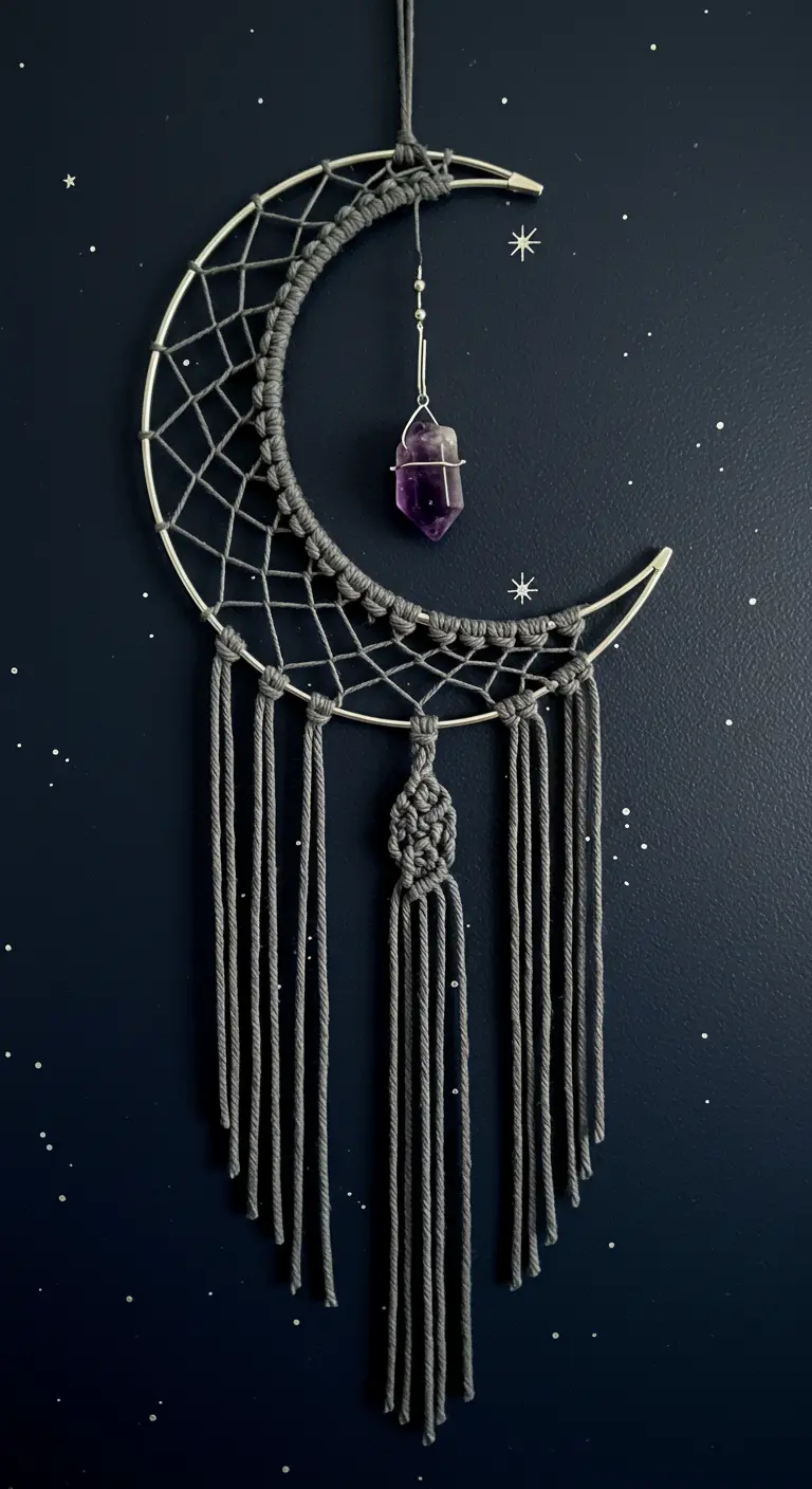 Atrapasueños de macramé gris en forma de luna con un cristal de amatista colgando sobre fondo oscuro.