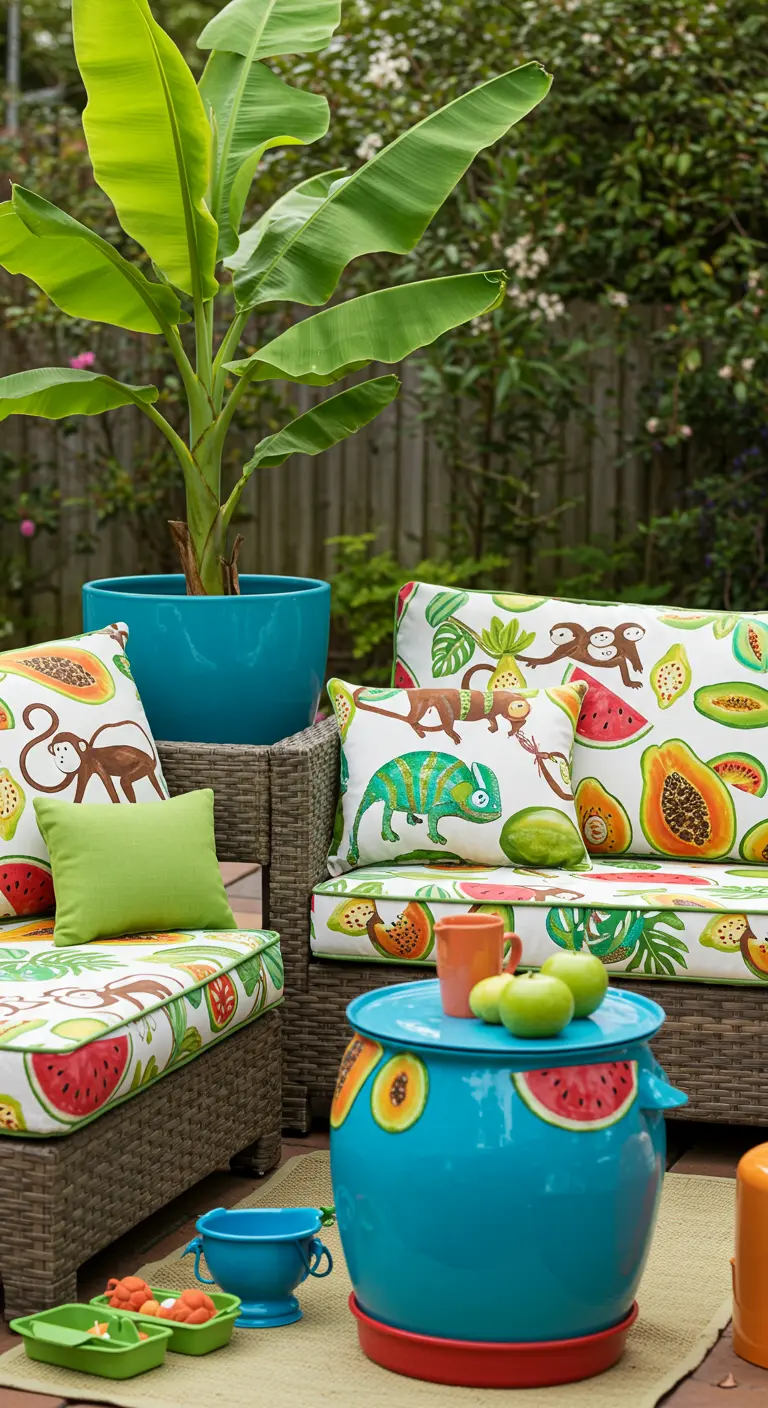 Muebles de jardín con cojines estampados de frutas tropicales y animales de la selva.