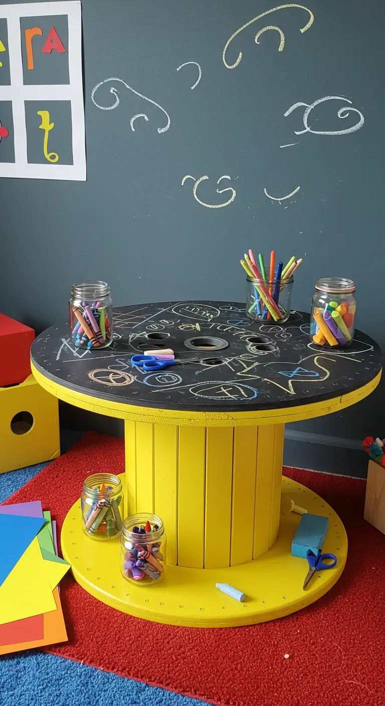 Mesa infantil de carrete de cable con base amarilla y superficie de pizarra para dibujar.