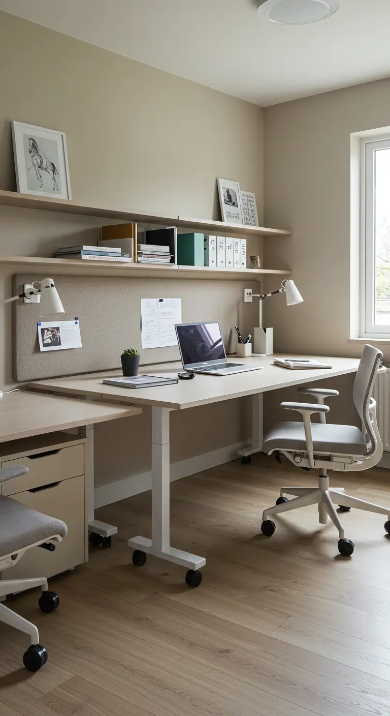 Escritorio de oficina moderno y ajustable con ruedas en un espacio de trabajo luminoso.