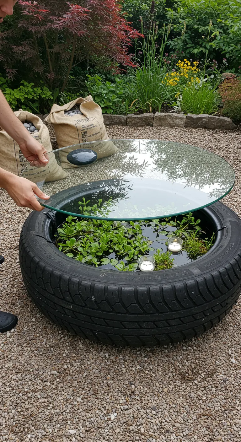 Mesa de centro hecha con un neumático lleno de agua y plantas acuáticas, cubierta por un cristal.