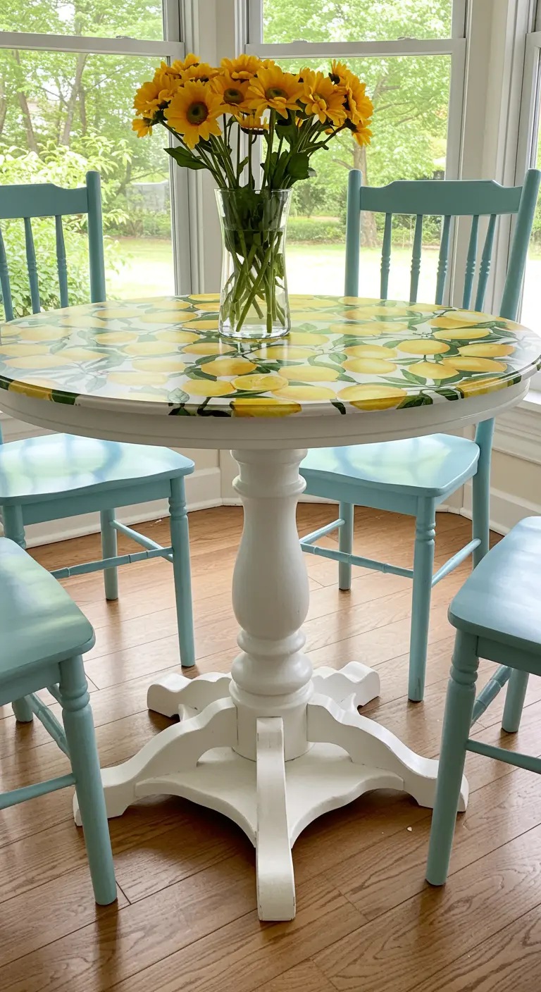 Mesa de comedor redonda con base blanca y tablero forrado con un vibrante papel de limones amarillos. Sillas turquesa alrededor.