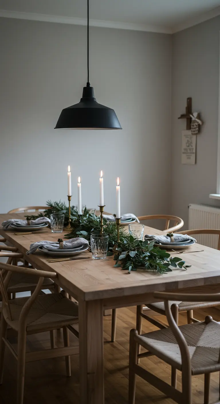 Mesa de comedor de madera con un centro de mesa de eucalipto y velas altas encendidas