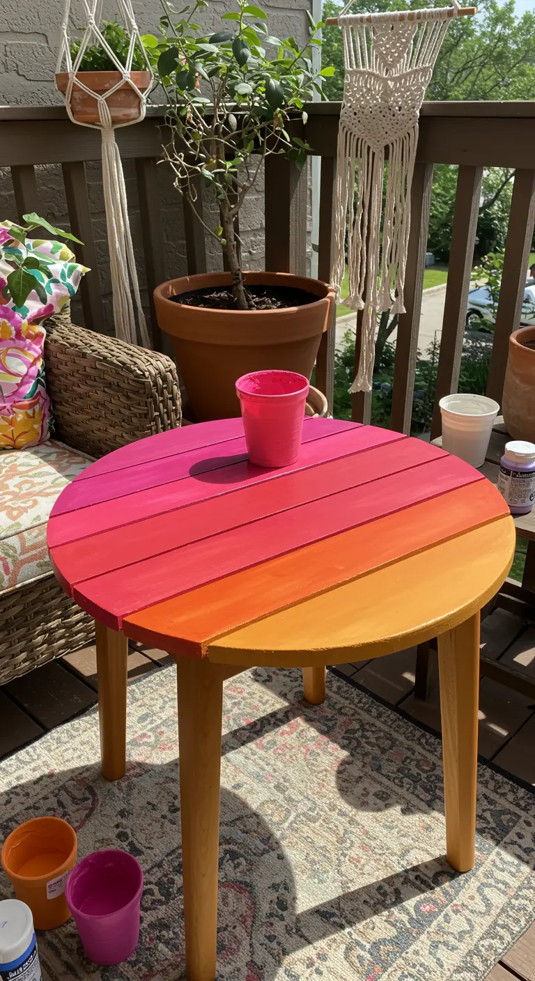 Mesa redonda de listones pintada con un degradado de fucsia, naranja y amarillo.