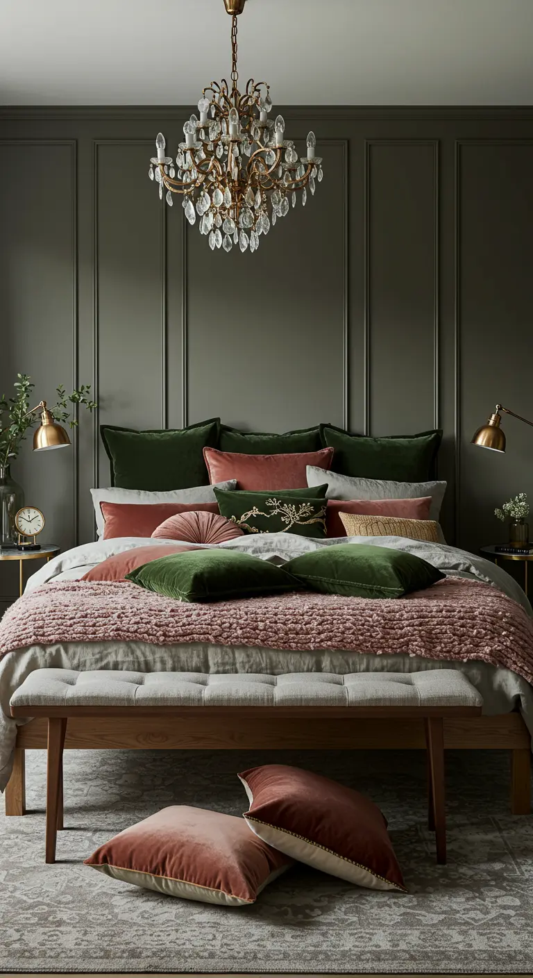Cama con una gran cantidad de cojines de terciopelo y lino en tonos verdes y rosas.