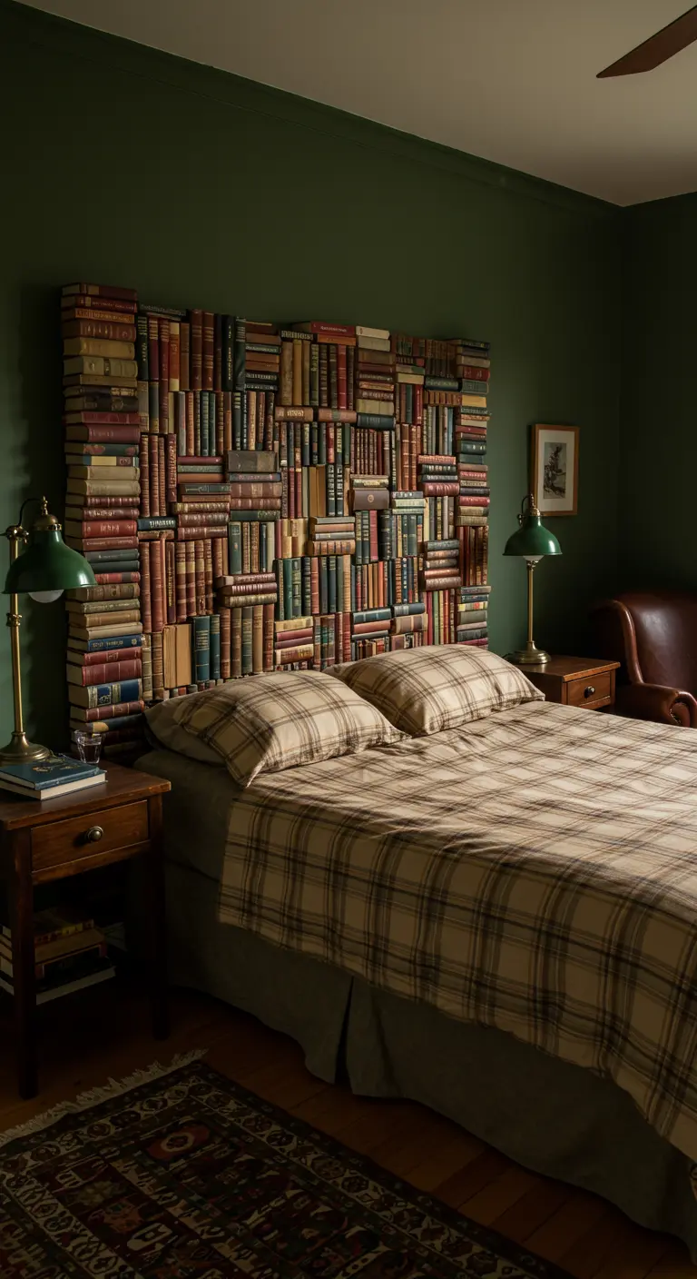 Cabecero hecho con una pared de libros antiguos de tapa dura apilados, creando una textura rica y colorida
