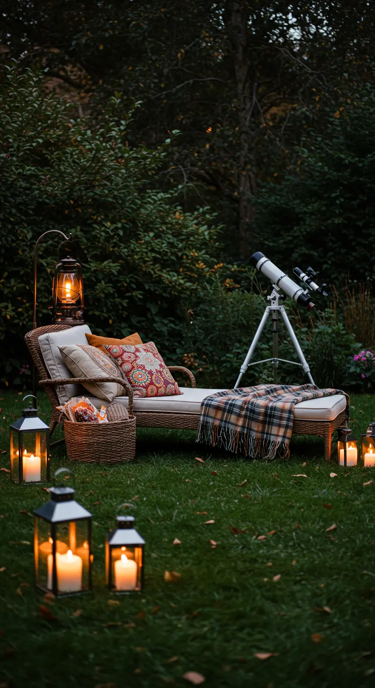 Rincón de jardín para observar las estrellas con un telescopio, una tumbona, manta de cuadros y faroles.