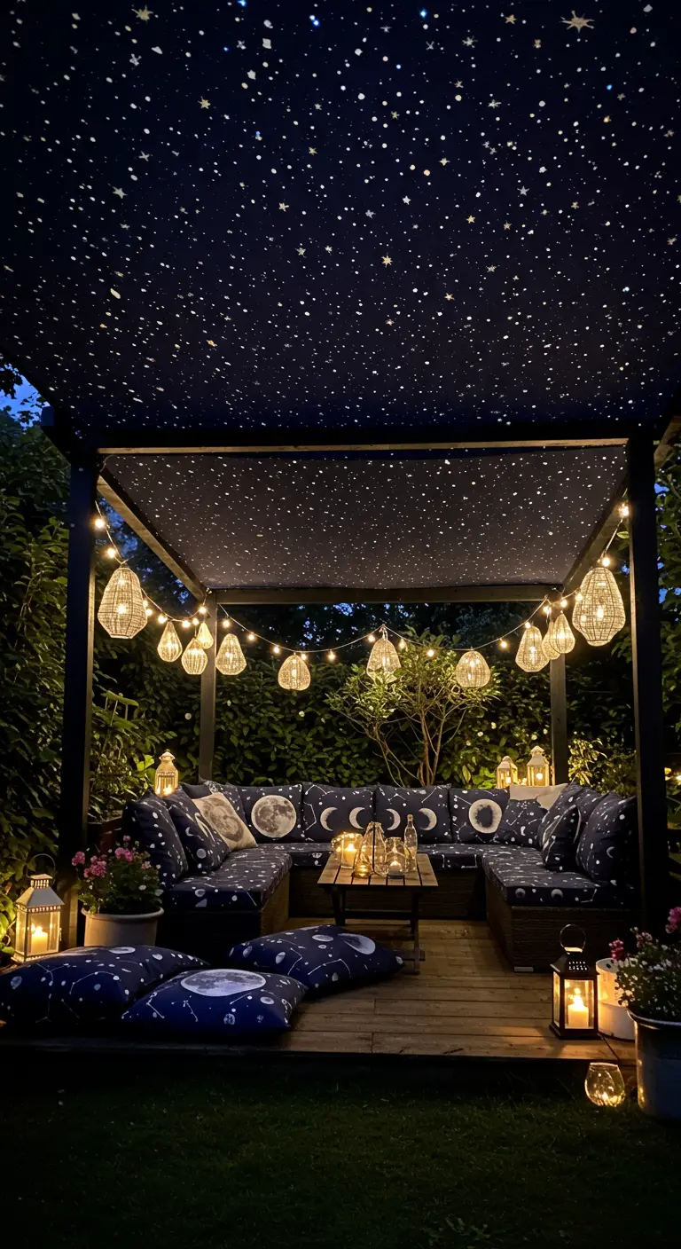 Pérgola de noche con un techo pintado como un cielo estrellado y cojines con motivos de lunas.