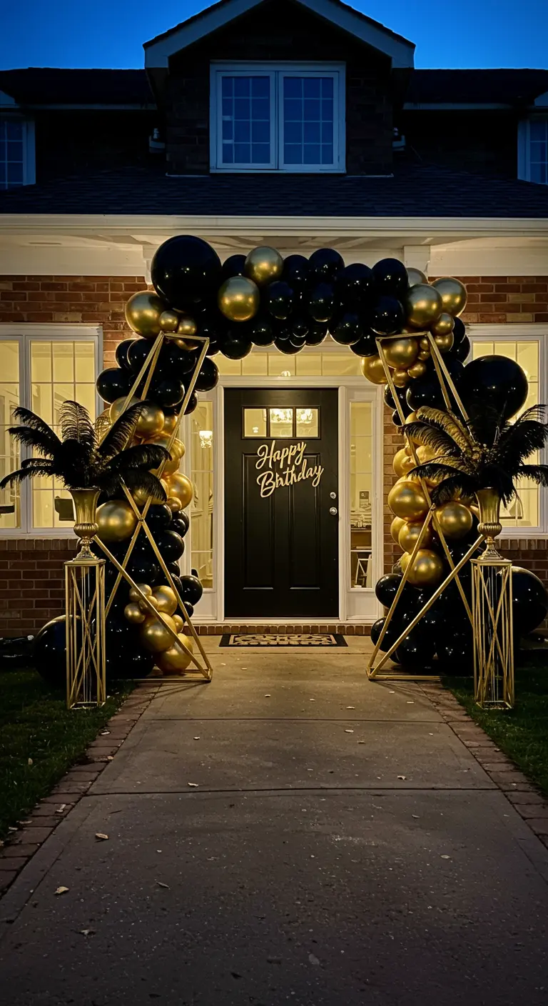 Entrada de cumpleaños estilo Gran Gatsby con un arco de globos negros y dorados y plumas.