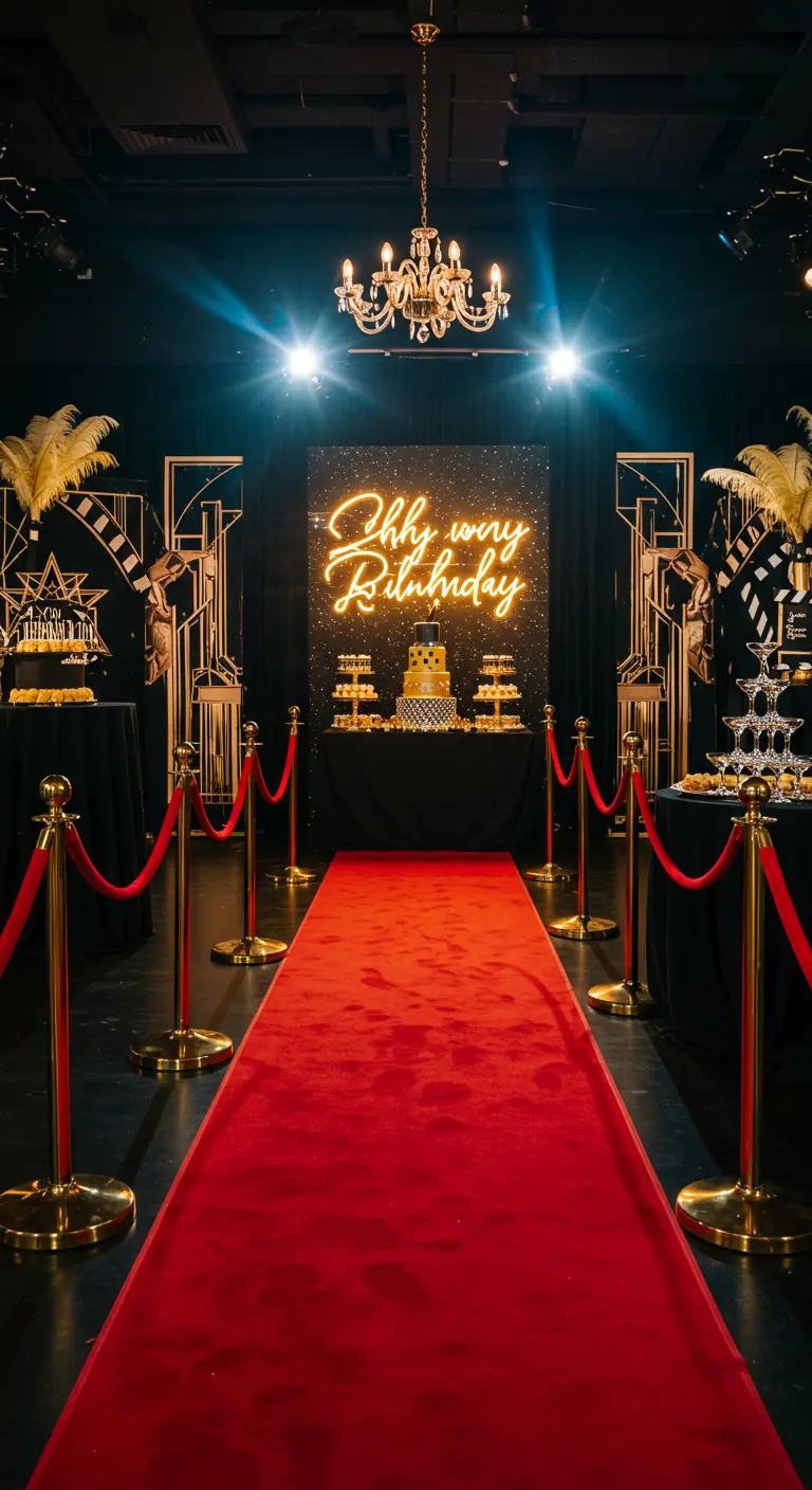 Fiesta estilo Gran Gatsby con alfombra roja y un neón dorado que dice 'Ohh yay Birthday'.