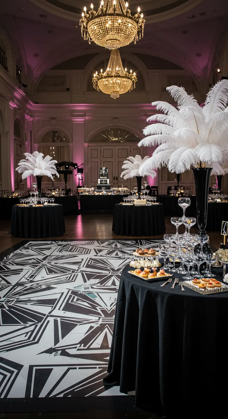Salón de fiestas estilo Gatsby con plumas blancas, pista de baile geométrica y mesas negras.