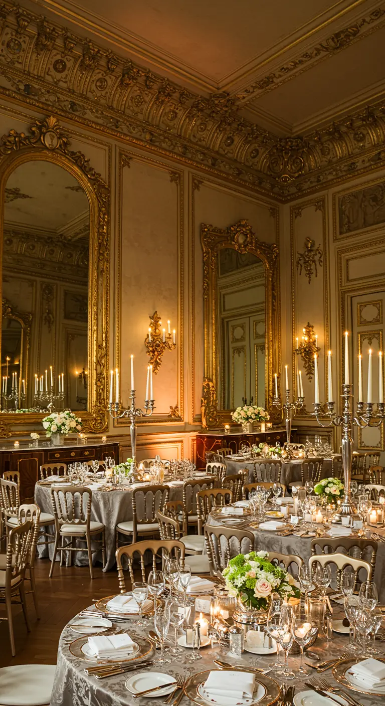 Salón de baile de estilo barroco con paredes doradas, espejos ornamentados y mesas redondas elegantes.