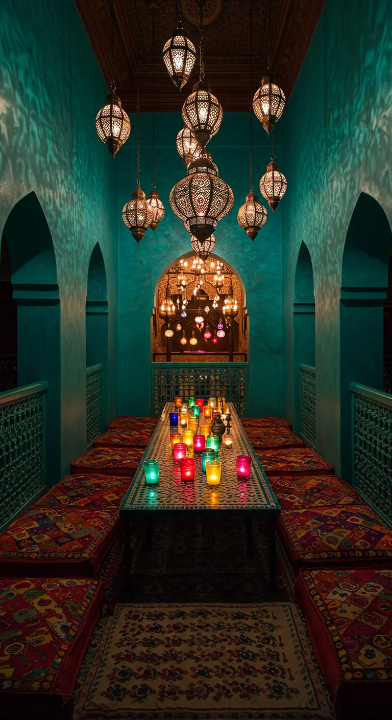 Salón de estilo marroquí con mesa baja, cojines coloridos, faroles y velas de colores.