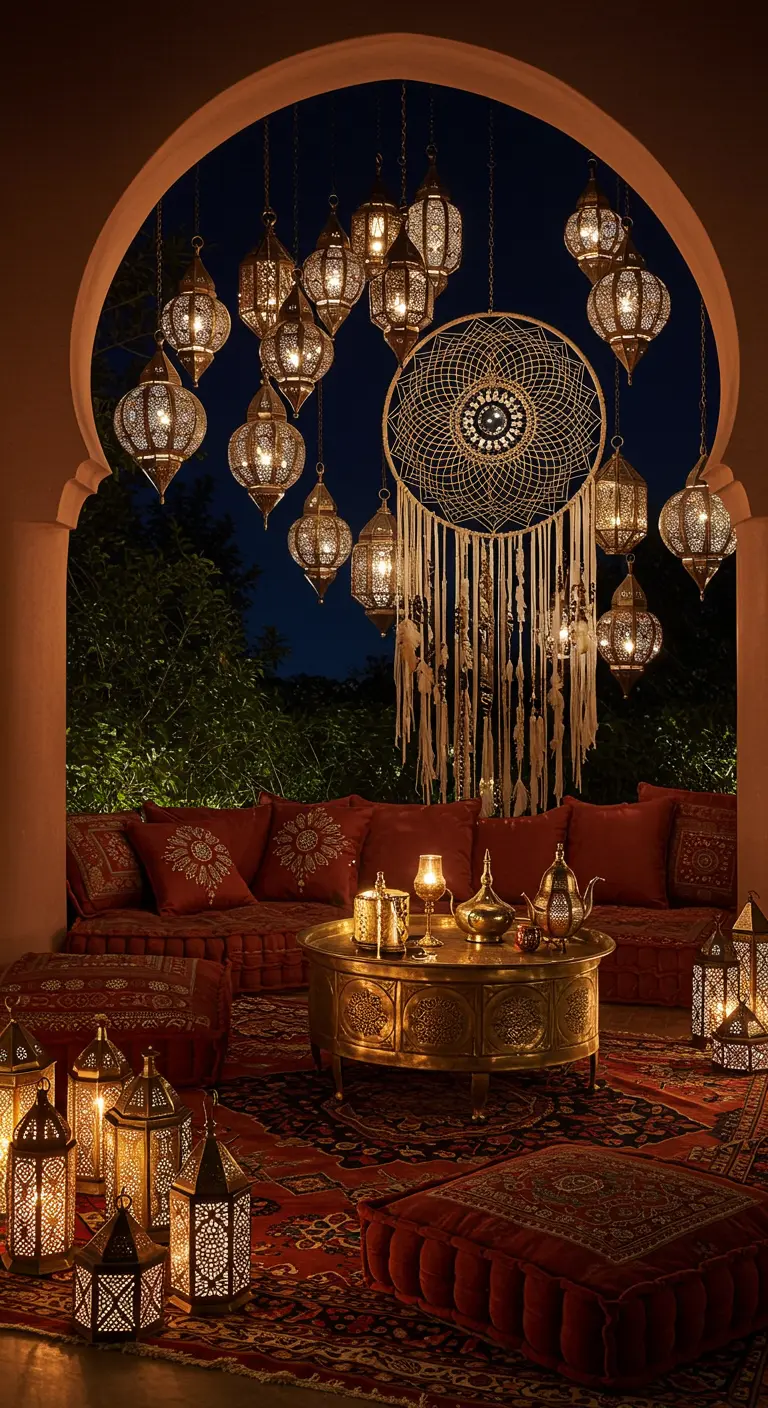 Patio de estilo marroquí con faroles colgantes, cojines rojos, una mesa de latón y un gran atrapasueños