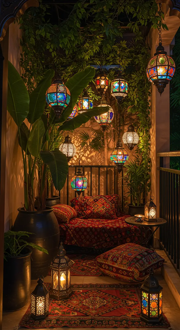 Balcón de estilo marroquí con faroles de colores, cojines en el suelo y plantas exuberantes.