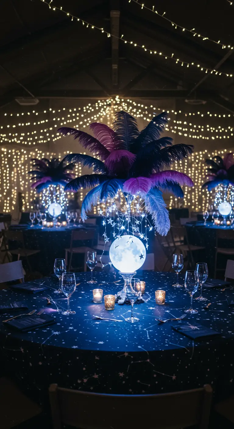 Centro de mesa celestial con una luna iluminada, plumas oscuras y un mantel de constelaciones.