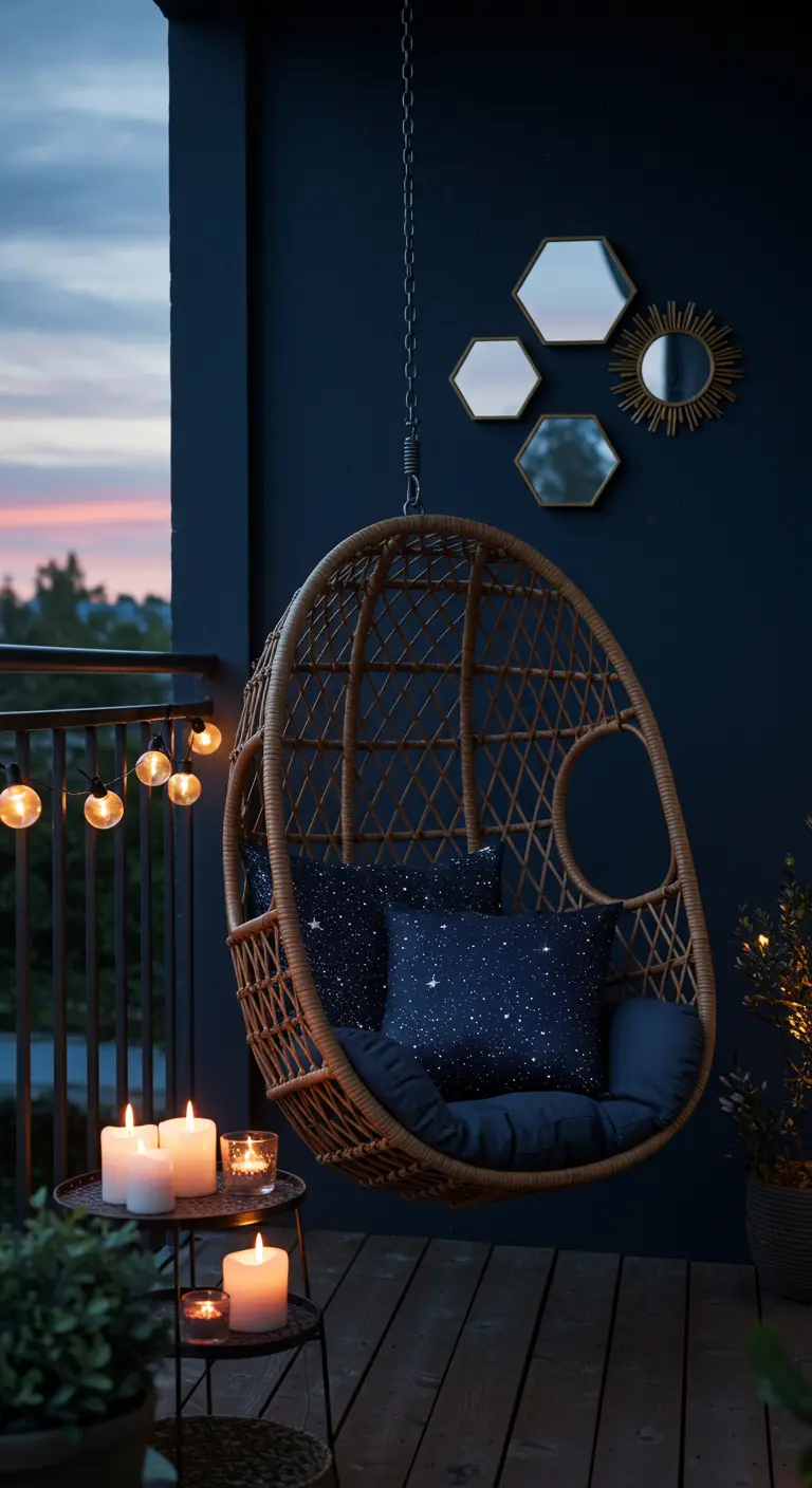 Balcón oscuro con silla colgante de mimbre, cojines de estrellas y un conjunto de espejos pequeños.