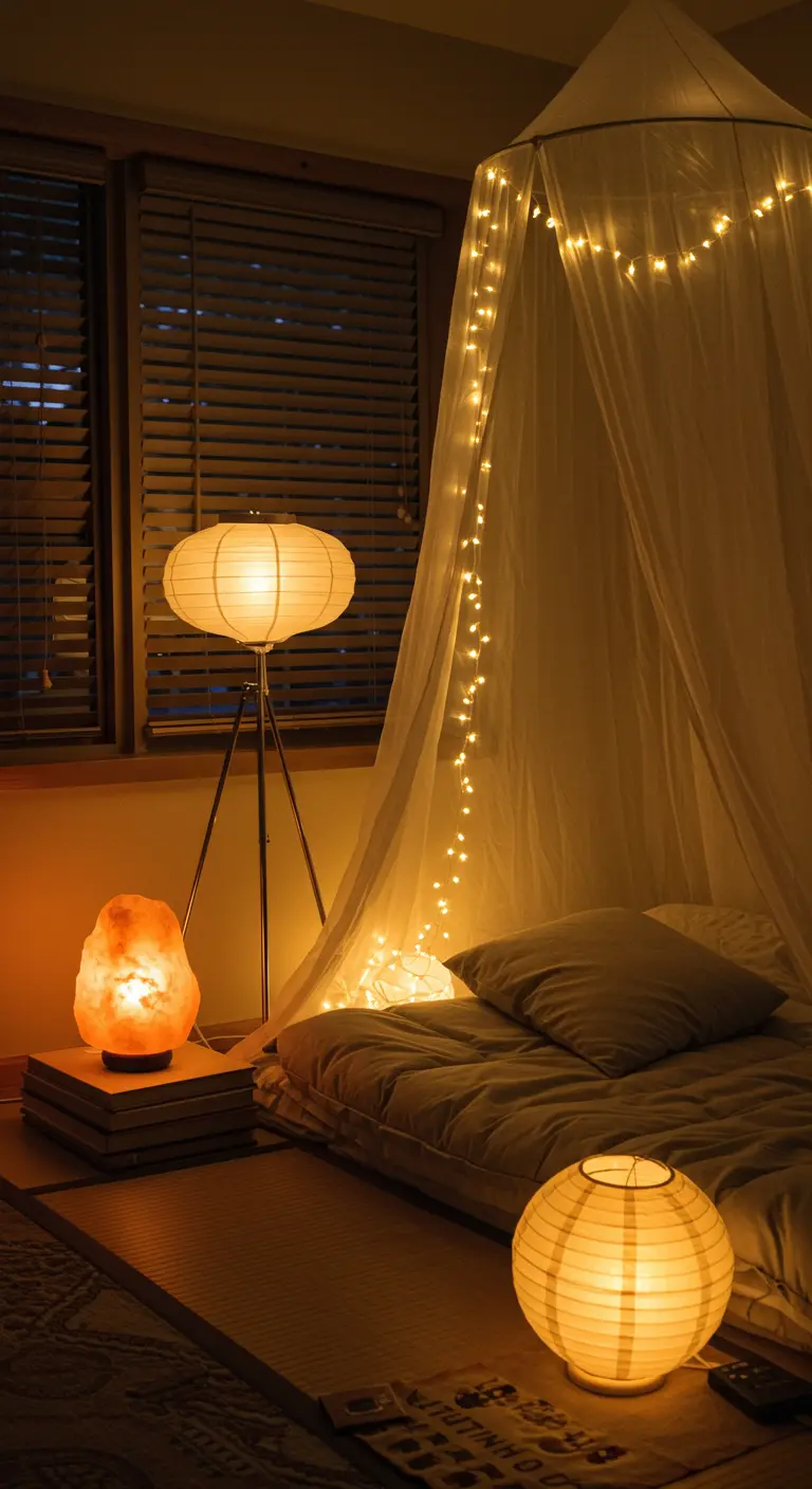 Dormitorio con futón bajo un dosel con luces, lámparas de papel y lámpara de sal.
