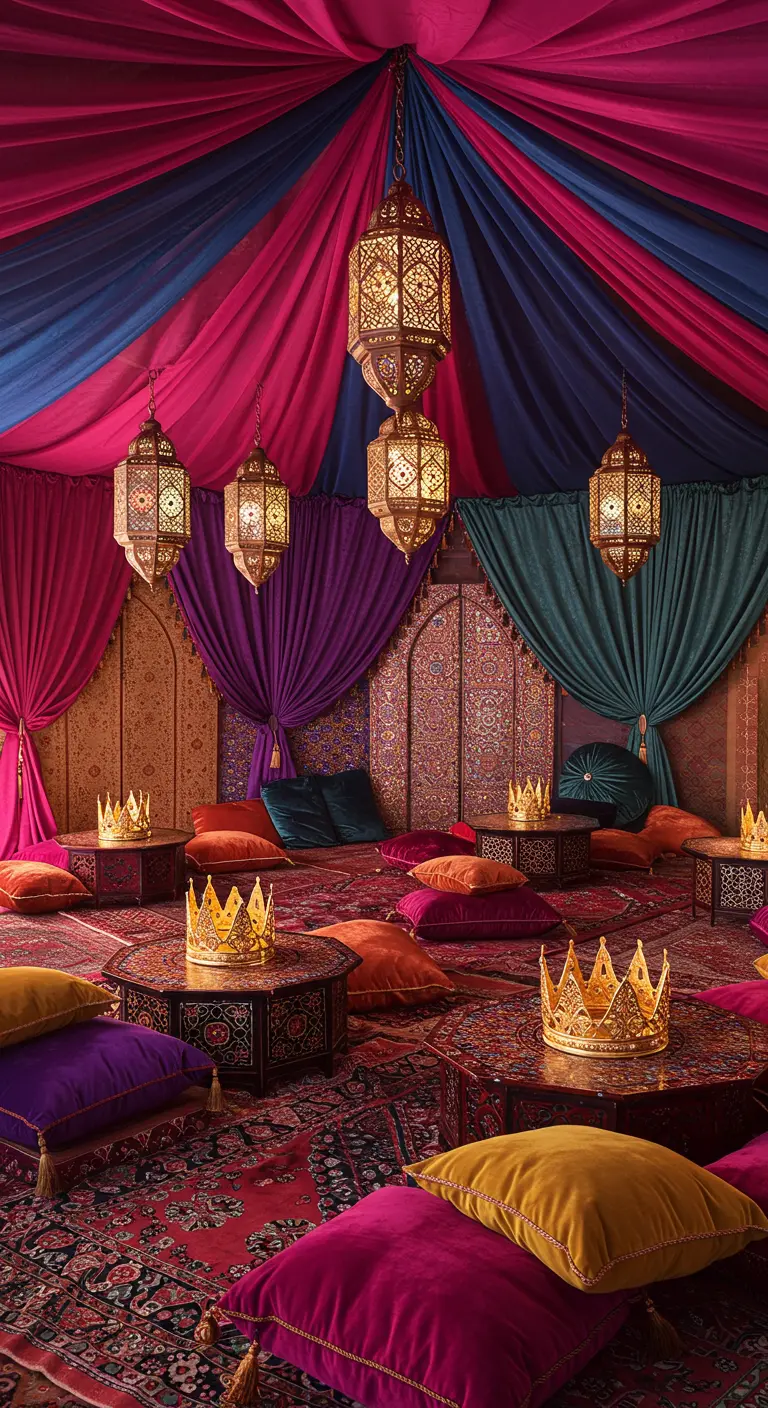 Salón estilo árabe con telas de colores, cojines en el suelo y farolillos colgantes.