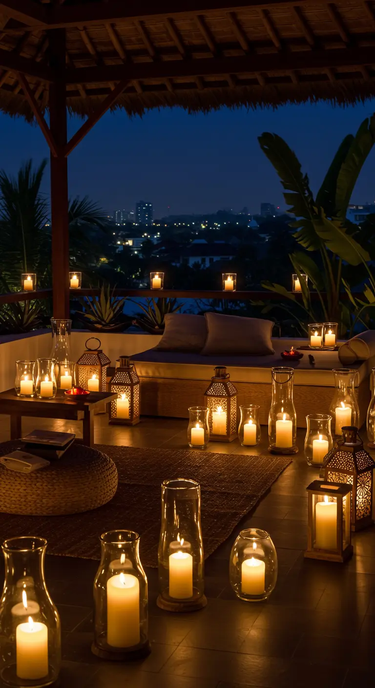 Terraza de noche iluminada por decenas de velas en faroles y vasos de cristal.