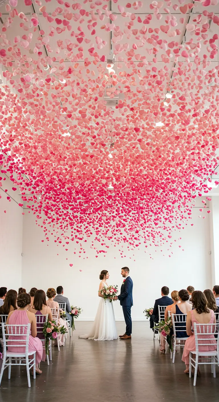 Ceremonia de boda bajo una instalación de miles de corazones de papel rosa colgando del techo.