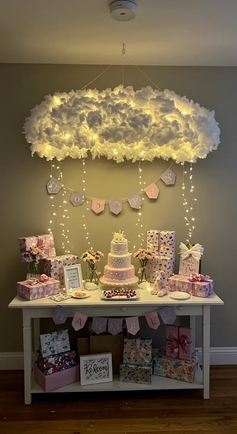 Lámpara DIY en forma de nube hecha con algodón y luces, colgando sobre una mesa de regalos y tarta.