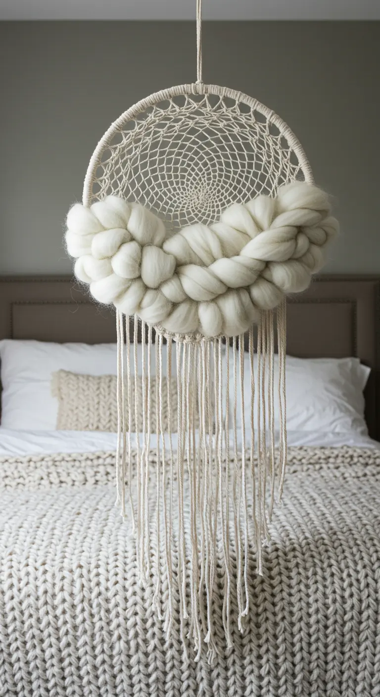 Atrapasueños con una nube de lana merina gruesa tejida en el centro, sobre una cama.