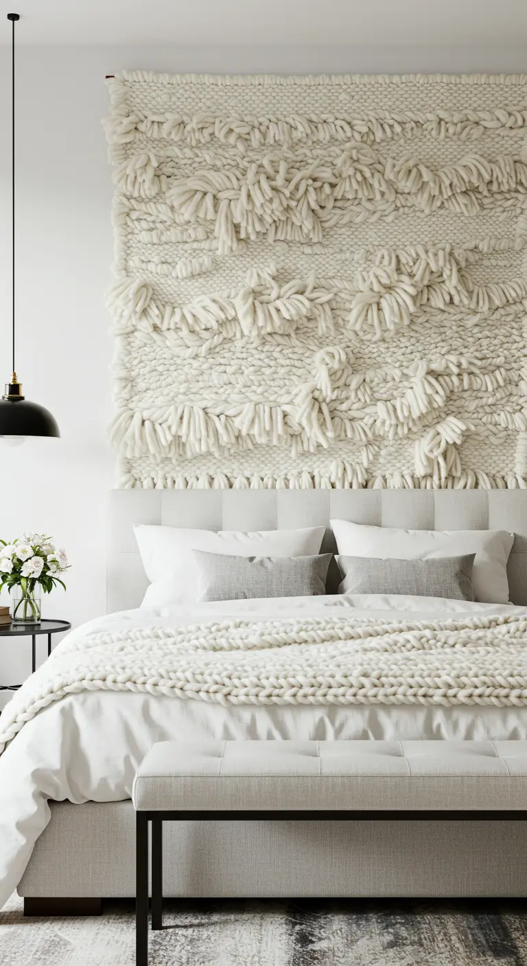 Dormitorio minimalista con un enorme tapiz de lana blanca muy texturizada sobre la cama.