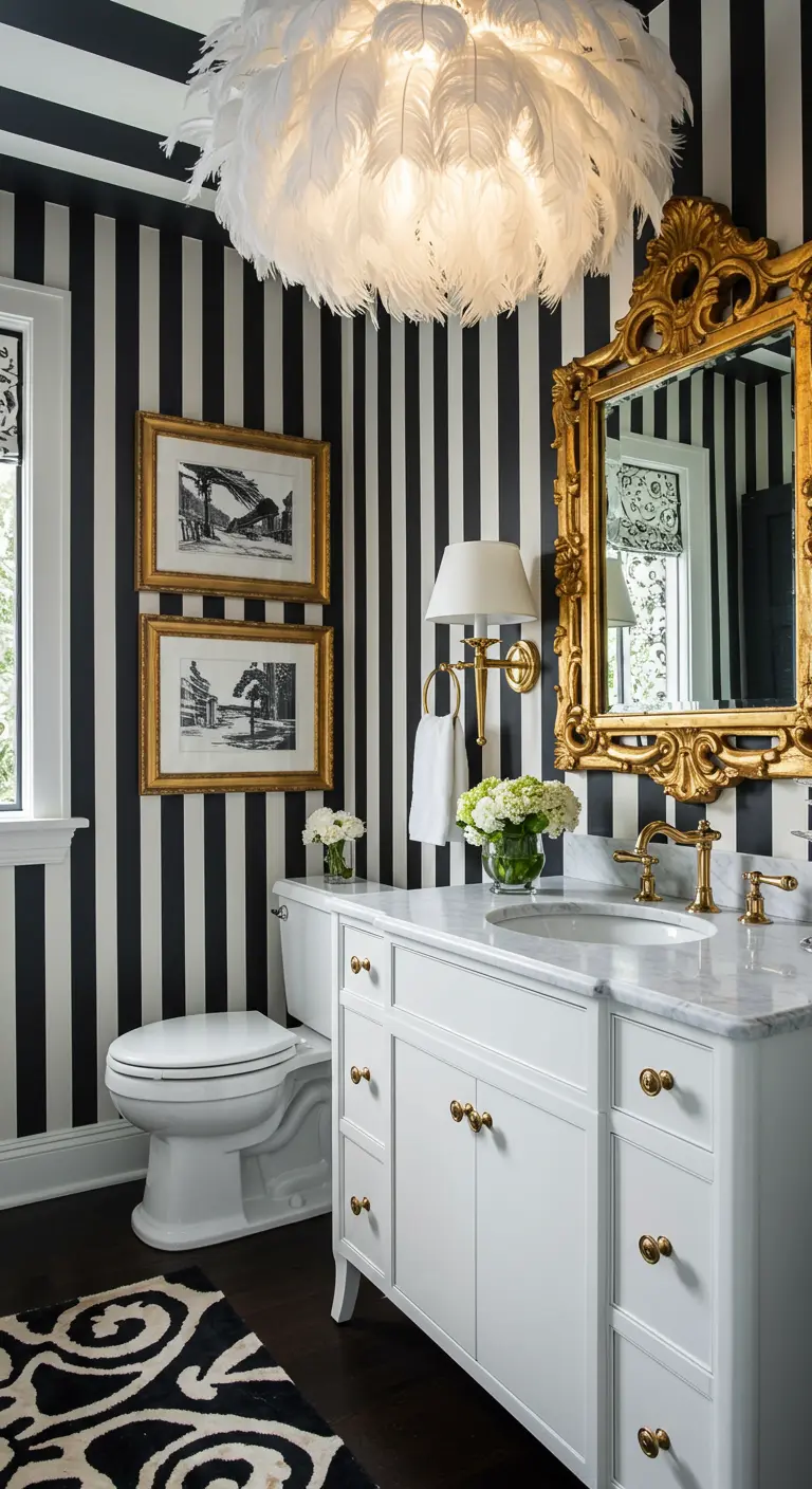 Baño glamuroso con papel de rayas, espejo dorado y una lámpara de plumas