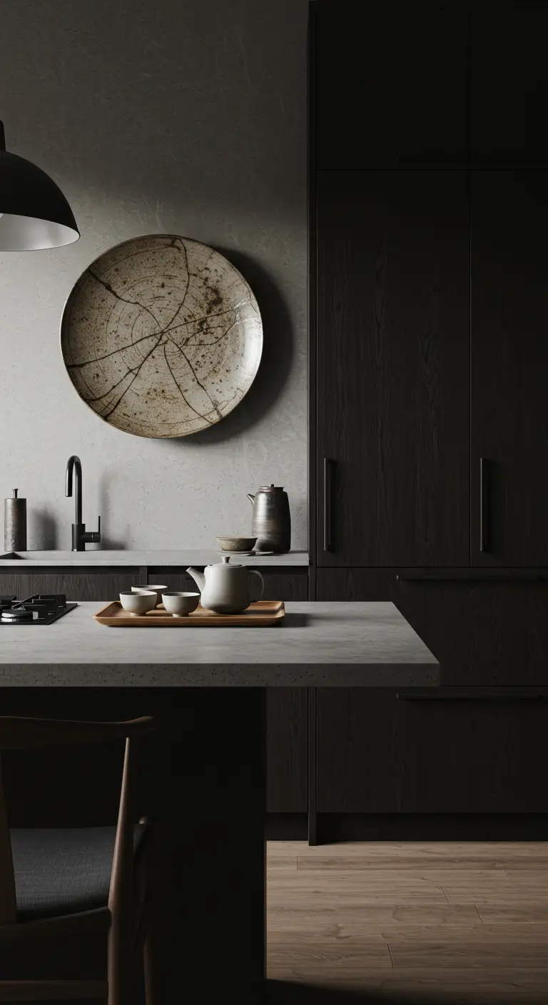 Cocina moderna y oscura con un gran plato de cerámica decorativo en la pared.