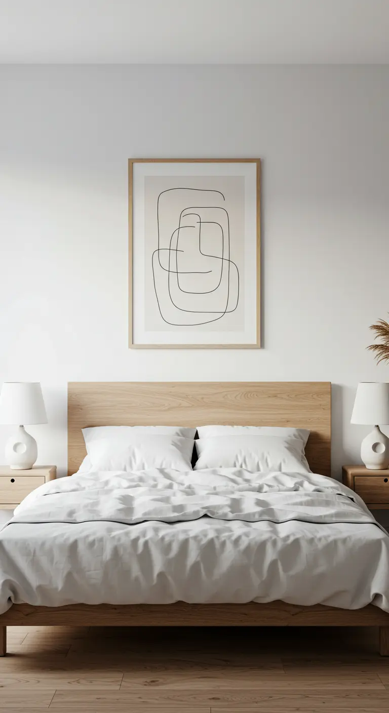 Dormitorio con un gran cuadro de arte lineal abstracto sobre un cabecero de madera