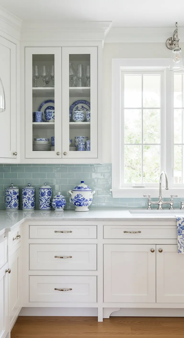 Gabinete de cocina blanco con puertas de cristal que exhibe una colección de porcelana azul y blanca.