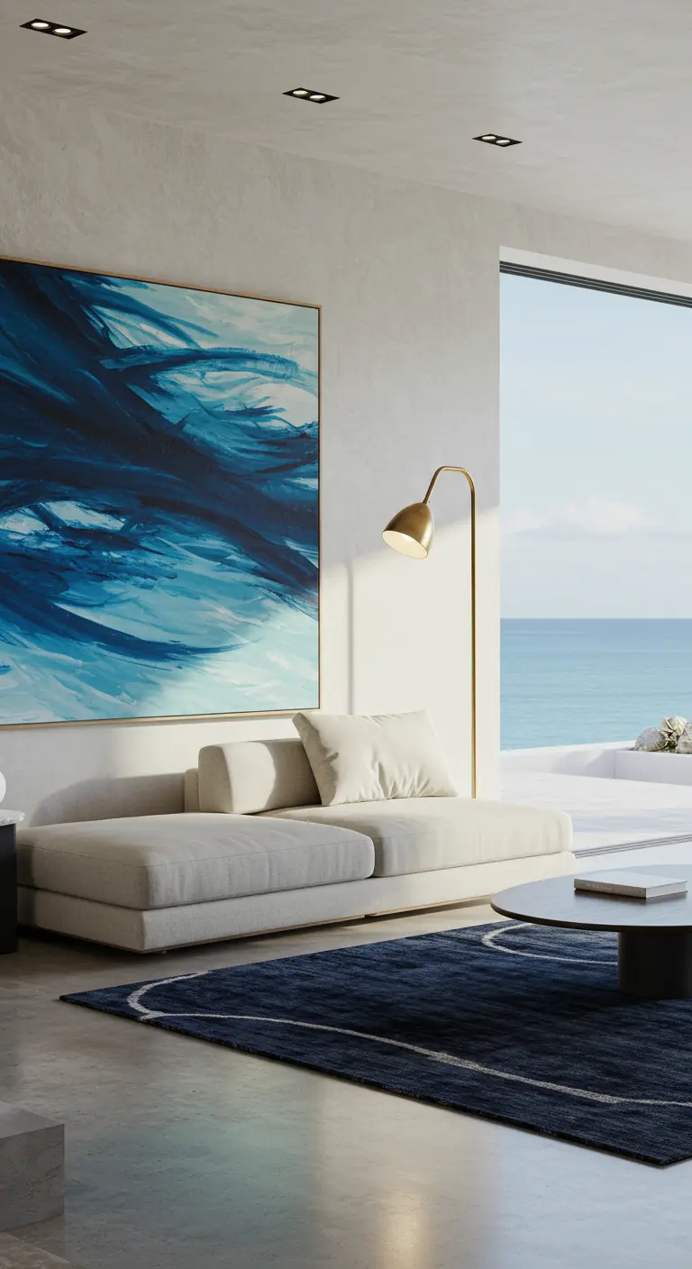 Sala minimalista con un gran cuadro abstracto azul y vistas al mar