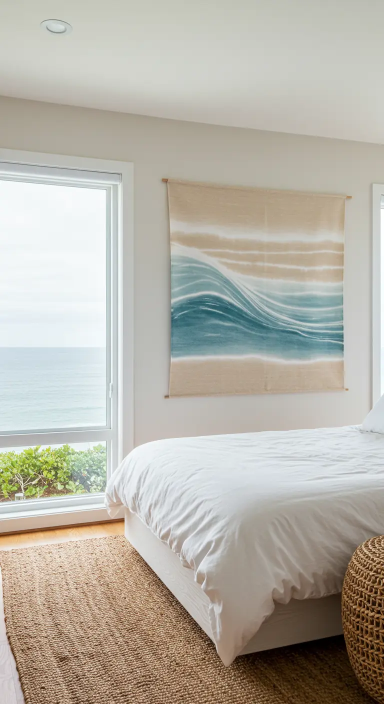 Dormitorio con vistas al mar y un tapiz teñido en tonos azules que simula las olas.