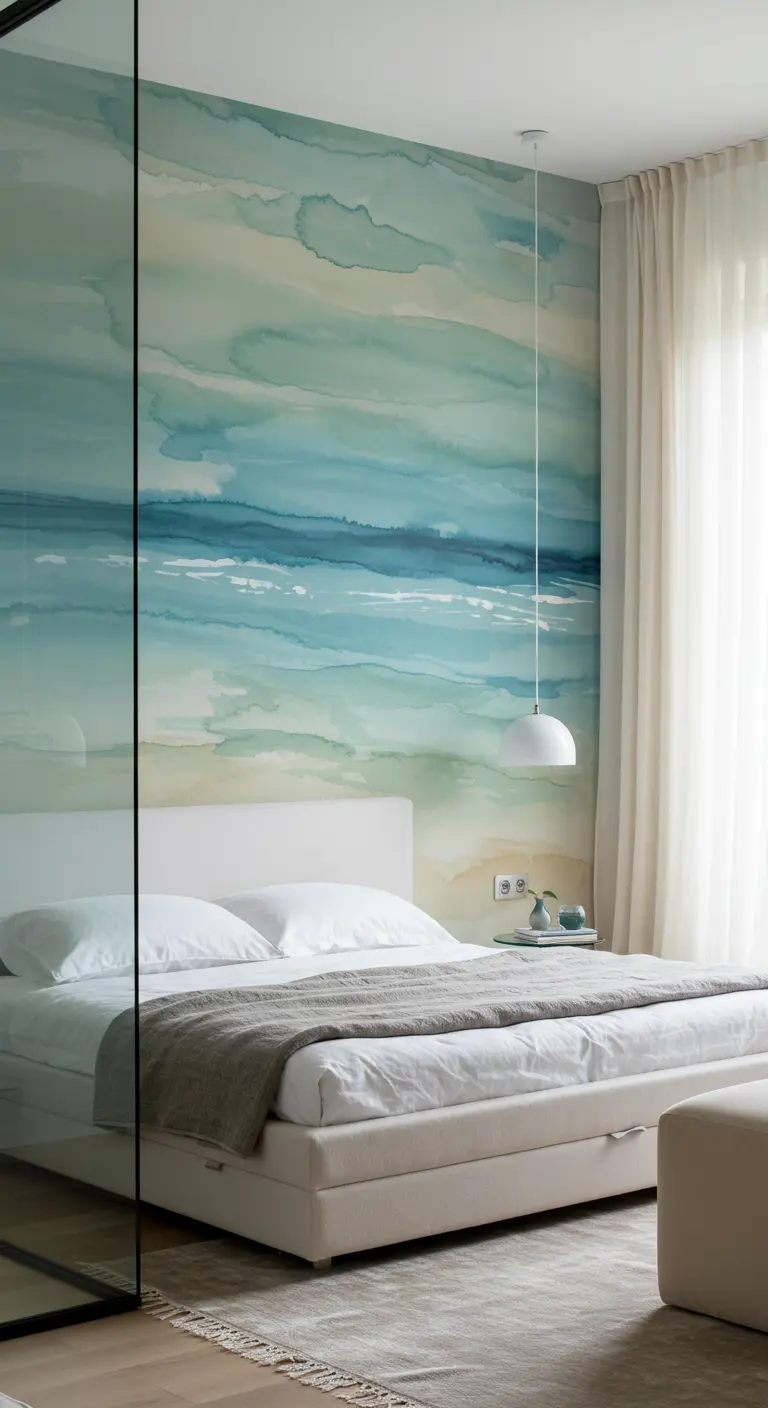 Dormitorio con una pared de acento con un mural de acuarela de paisaje marino.
