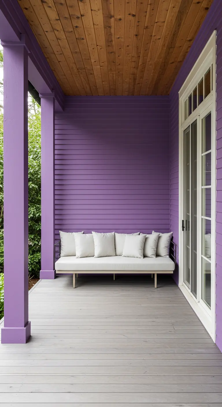 Porche moderno con una pared de acento y pilares pintados en un intenso color lavanda.