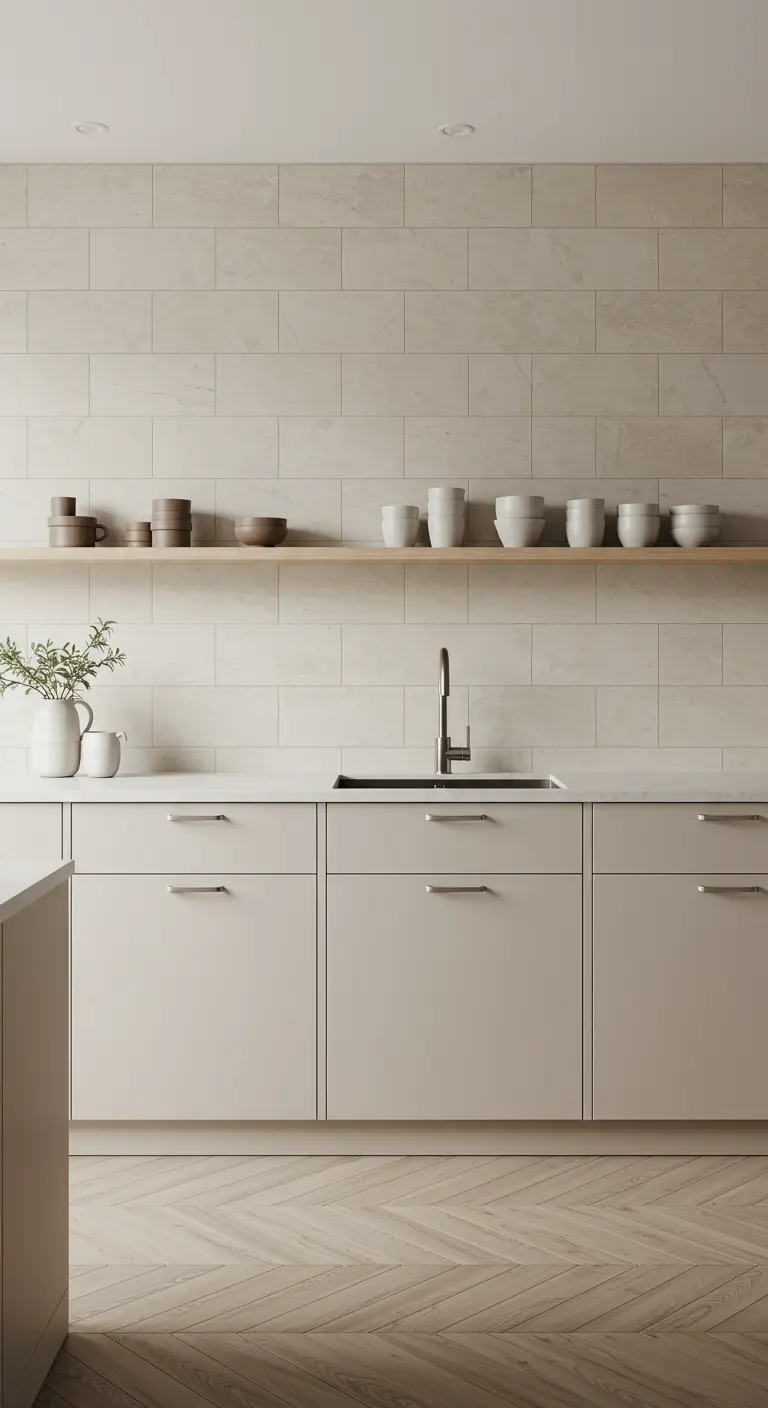Cocina minimalista con una pared entera revestida de baldosas beige y una estantería de madera