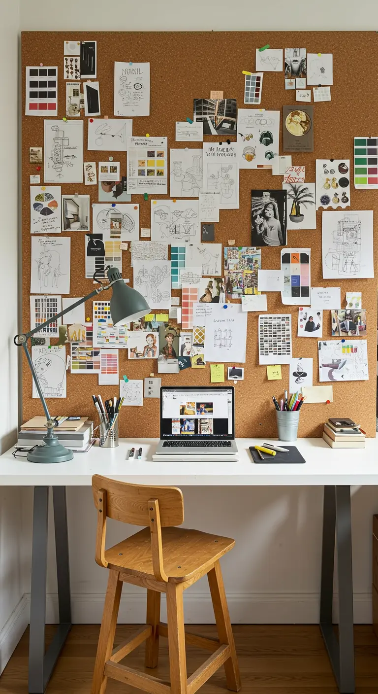 Pared completamente cubierta de corcho detrás de un escritorio, llena de notas, bocetos e imágenes