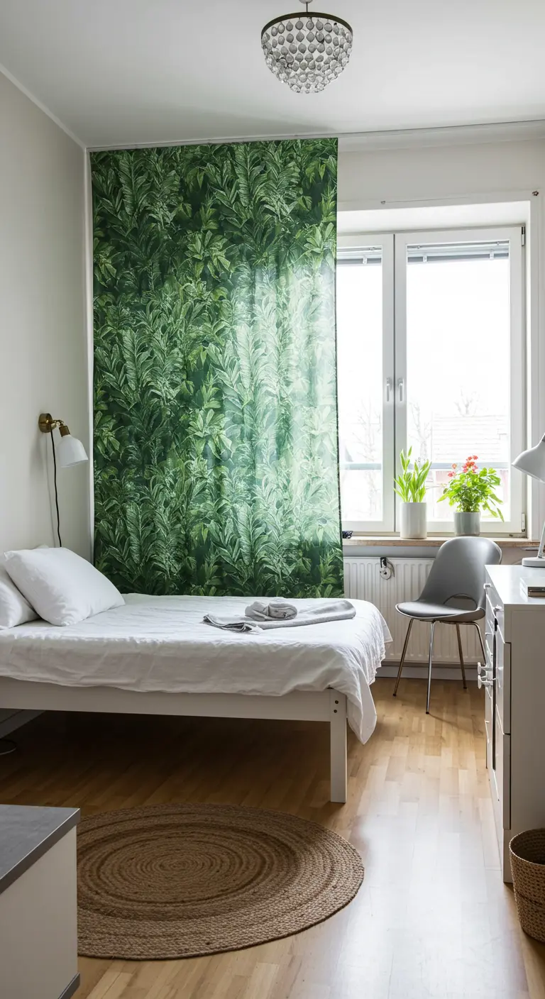 Cortina con estampado de hojas verdes tropicales usada como separador en un dormitorio.