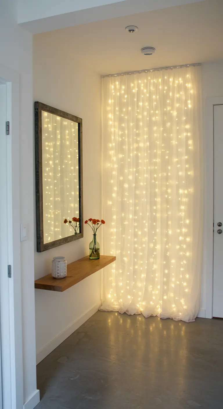 Rincón minimalista con una pared iluminada por una cortina de luces LED tras un visillo blanco.