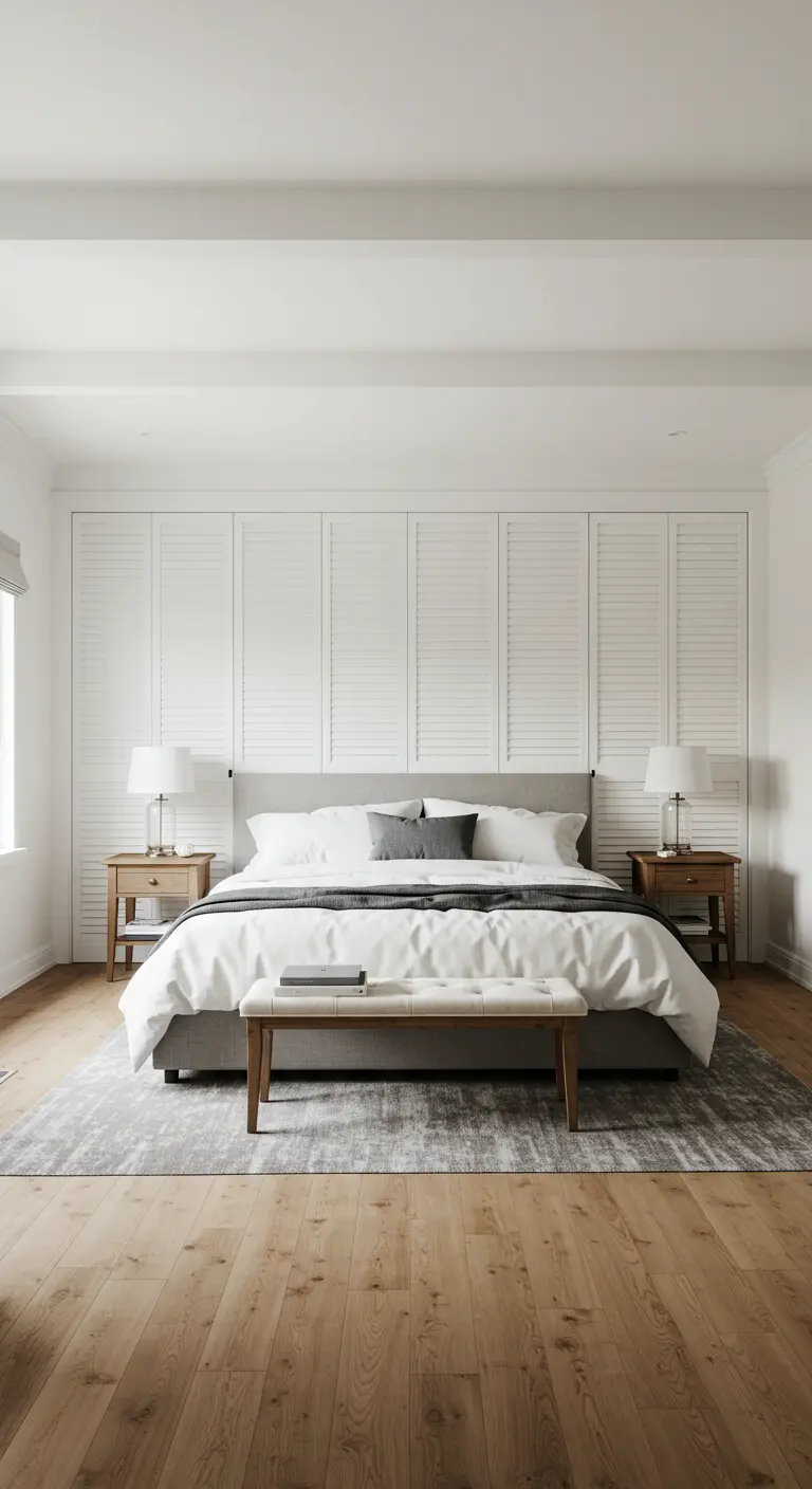 Pared completa detrás de la cama cubierta con puertas de armario blancas con persianas.